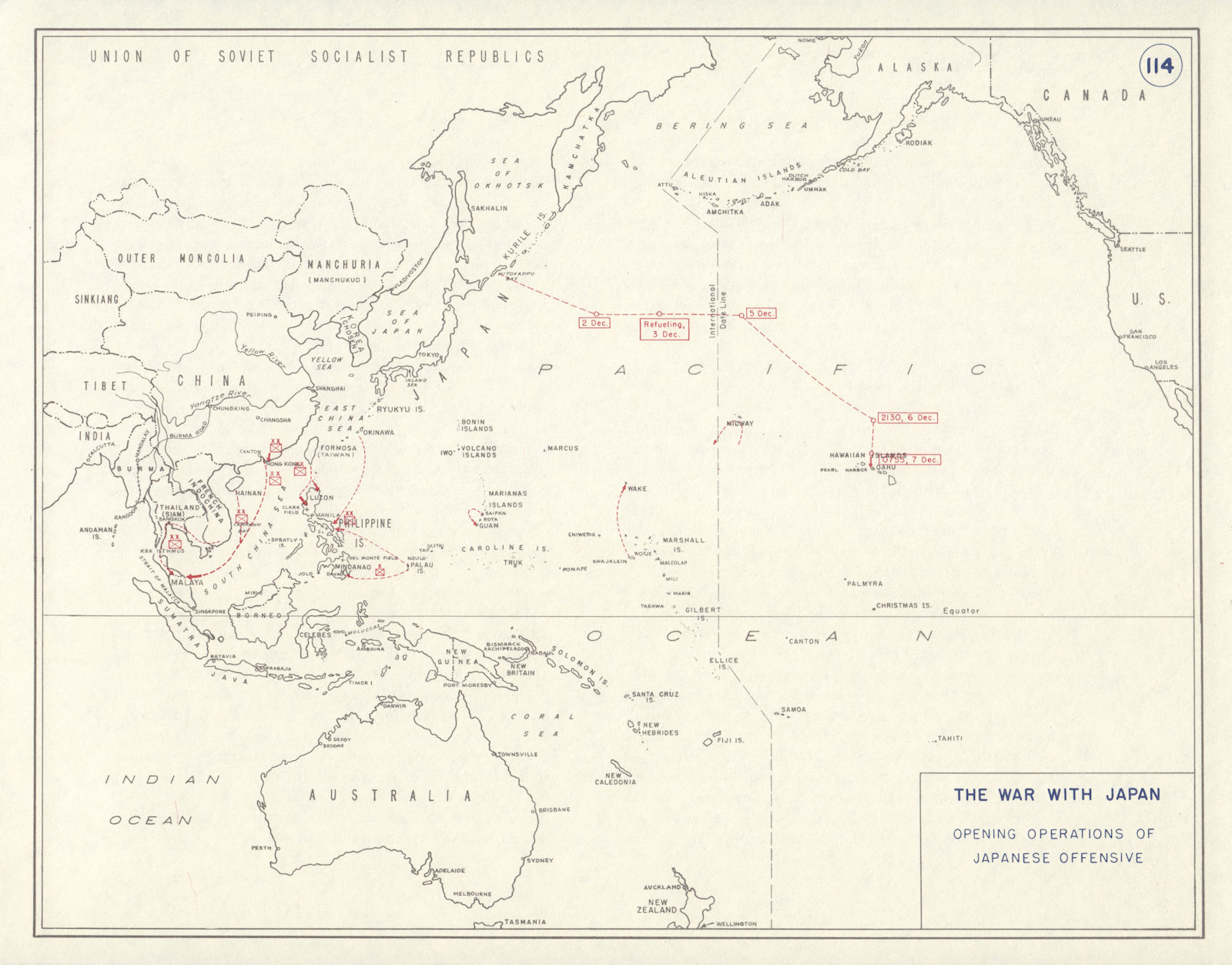 Associate Product World War 2. Opening Japanese Offensive 1941. Pearl Harbor Malaya 1959 old map