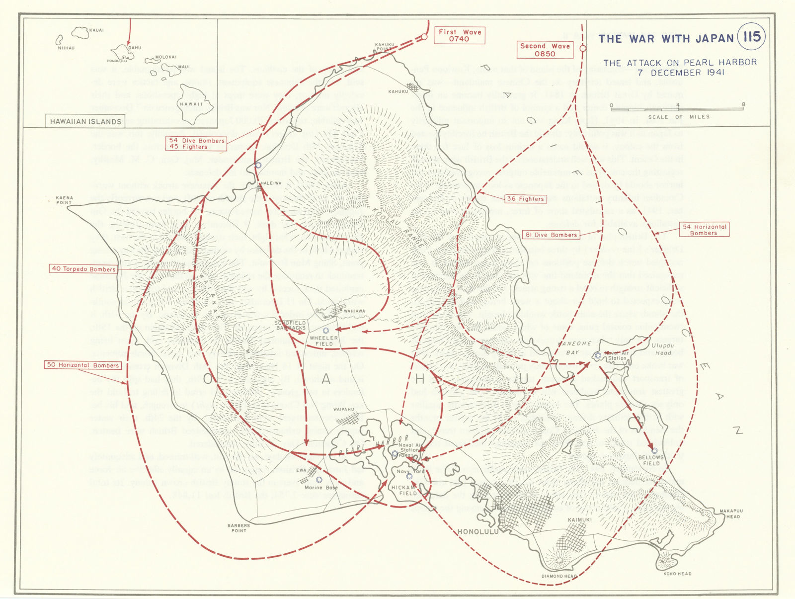 World War 2. Attack on Pearl Harbor 7 December 1941. Hawaiian Islands 1959 map
