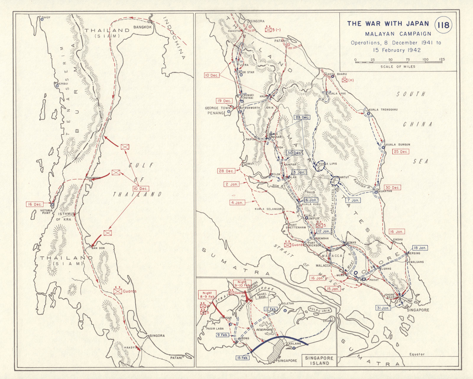 World War 2. Invasion of Malaya Dec 1941-15 February 1942. Singapore 1959 map
