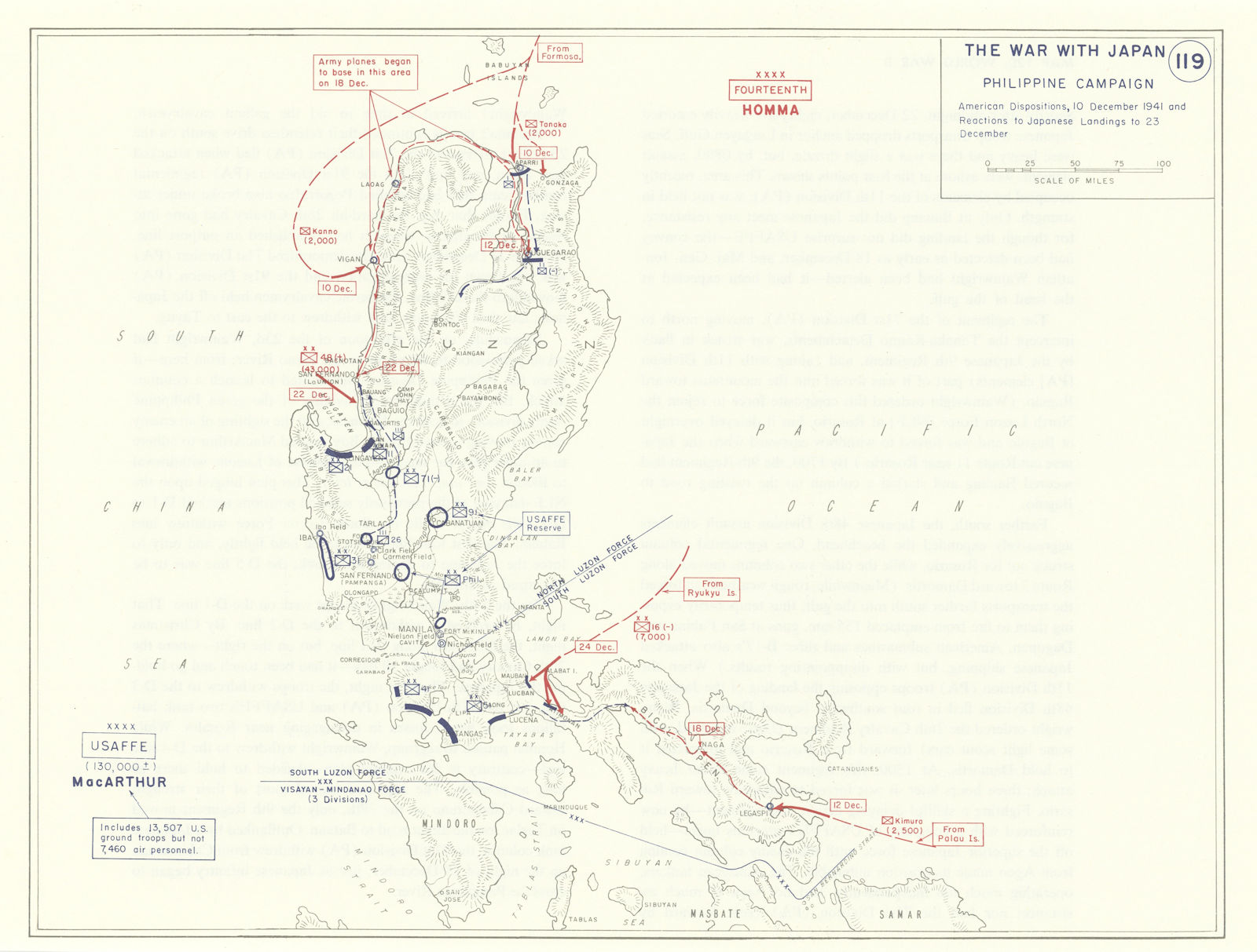 Associate Product World War 2. Philippine Campaign. 23 Dec 1941 Japanese Landings. Luzon 1959 map