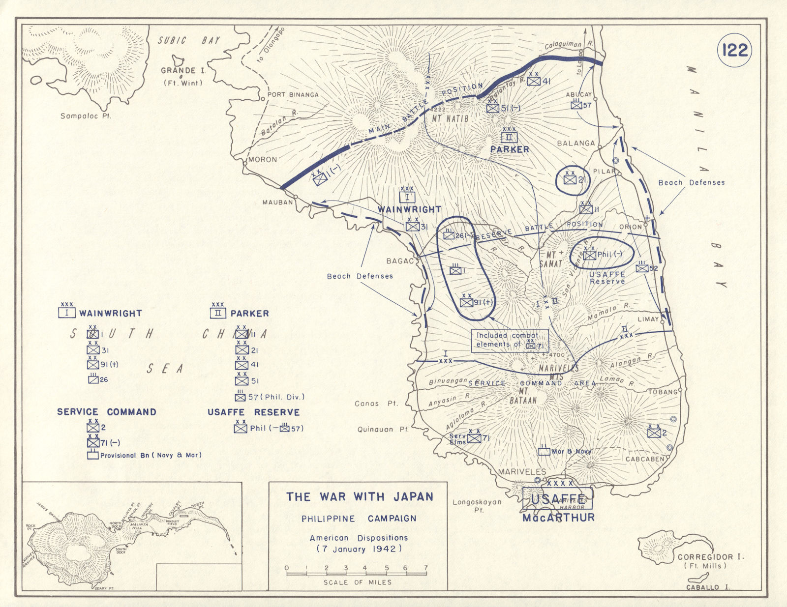 World War 2. Philippine Campaign. 7 Jan 1942 American Positions Bataan 1959 map