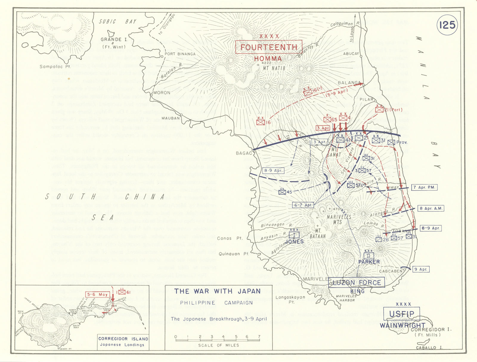 World War 2. Philippine Campaign 3-9 April 1942 Japanese Breakthrough 1959 map