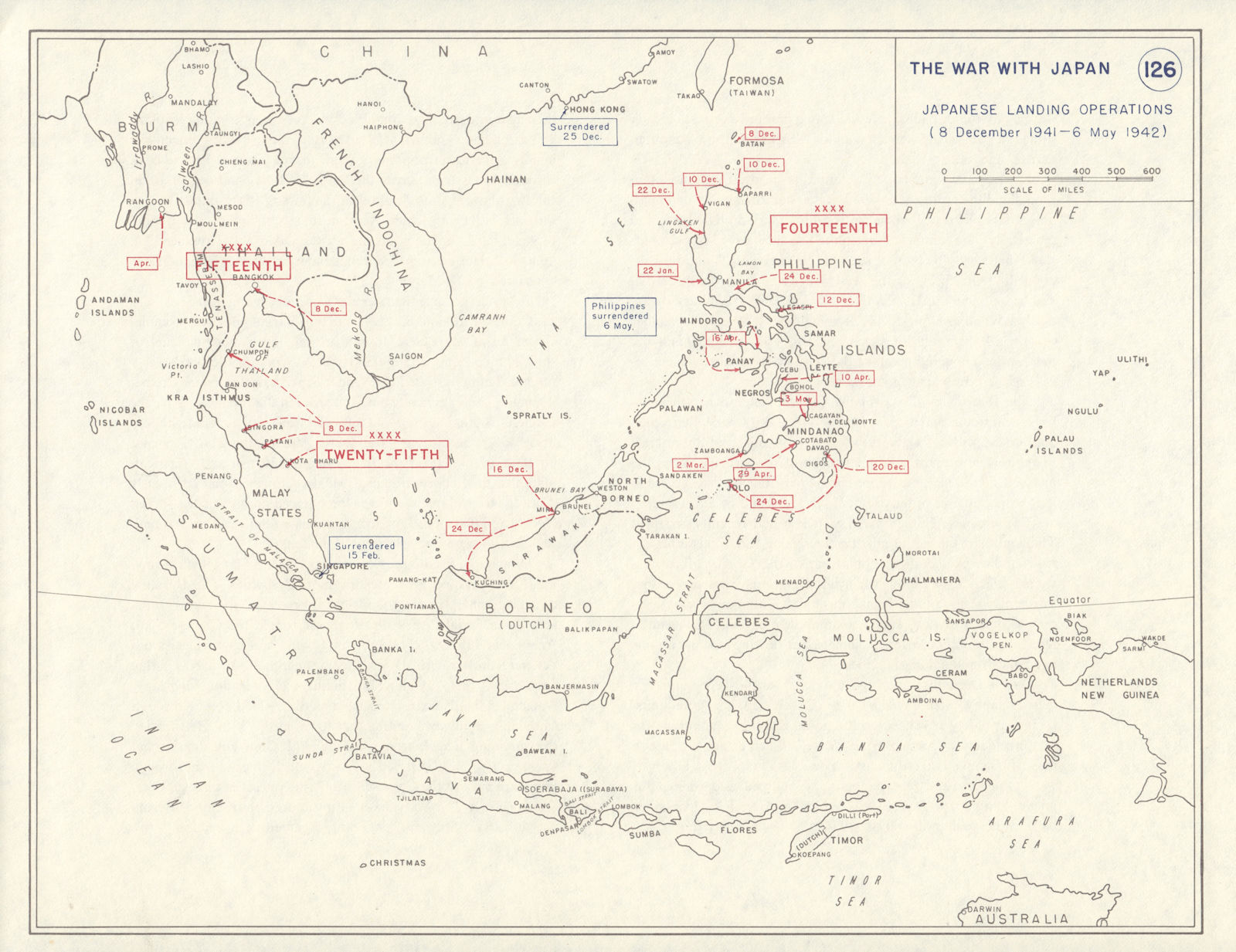 Associate Product World War 2. Dec 1941-May 1942 Japanese Landings. Philippines Indochina 1959 map