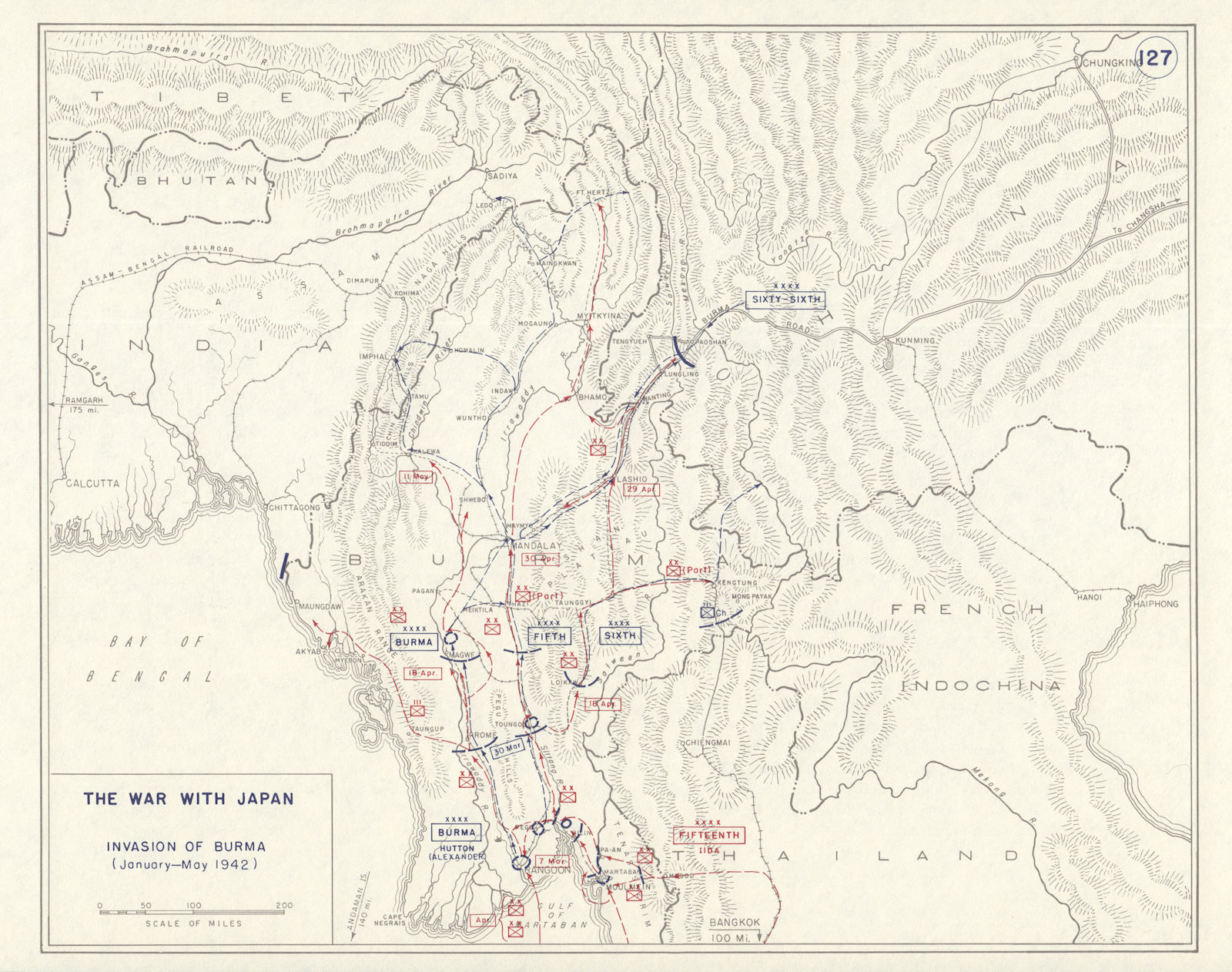 World War 2. January-May 1942. Japanese Invasion of Burma 1959 old vintage map
