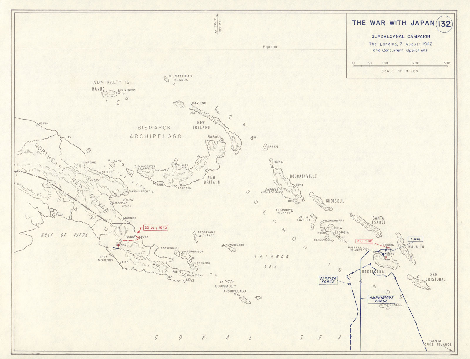 World War 2. Guadalcanal Campaign. Landing 7 Aug 1942 & Concurrent Ops 1959 map