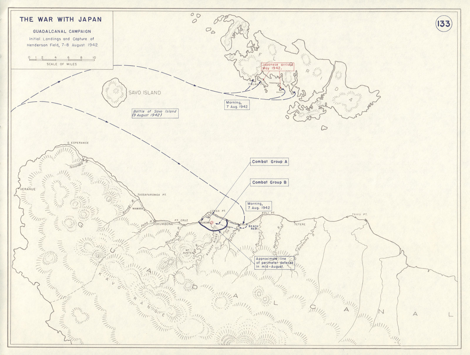 World War 2. Guadalcanal Campaign 7-8 Aug 1942 Landing. Henderson Field 1959 map