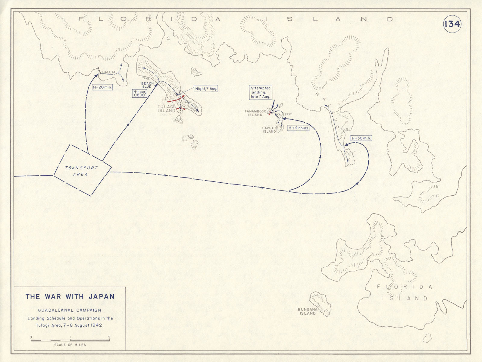 World War 2. Guadalcanal Campaign 7-8 Aug 1942 Tulagi Landing Schedule 1959 map