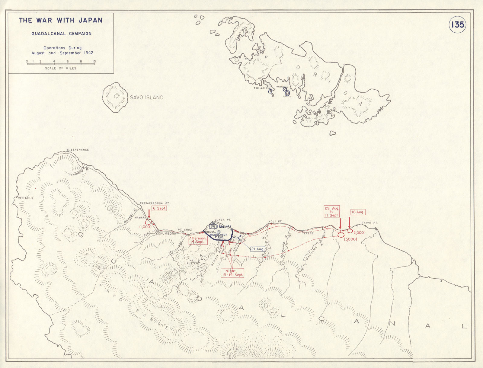 World War 2. Guadalcanal Campaign. August & September 1942 Operations 1959 map