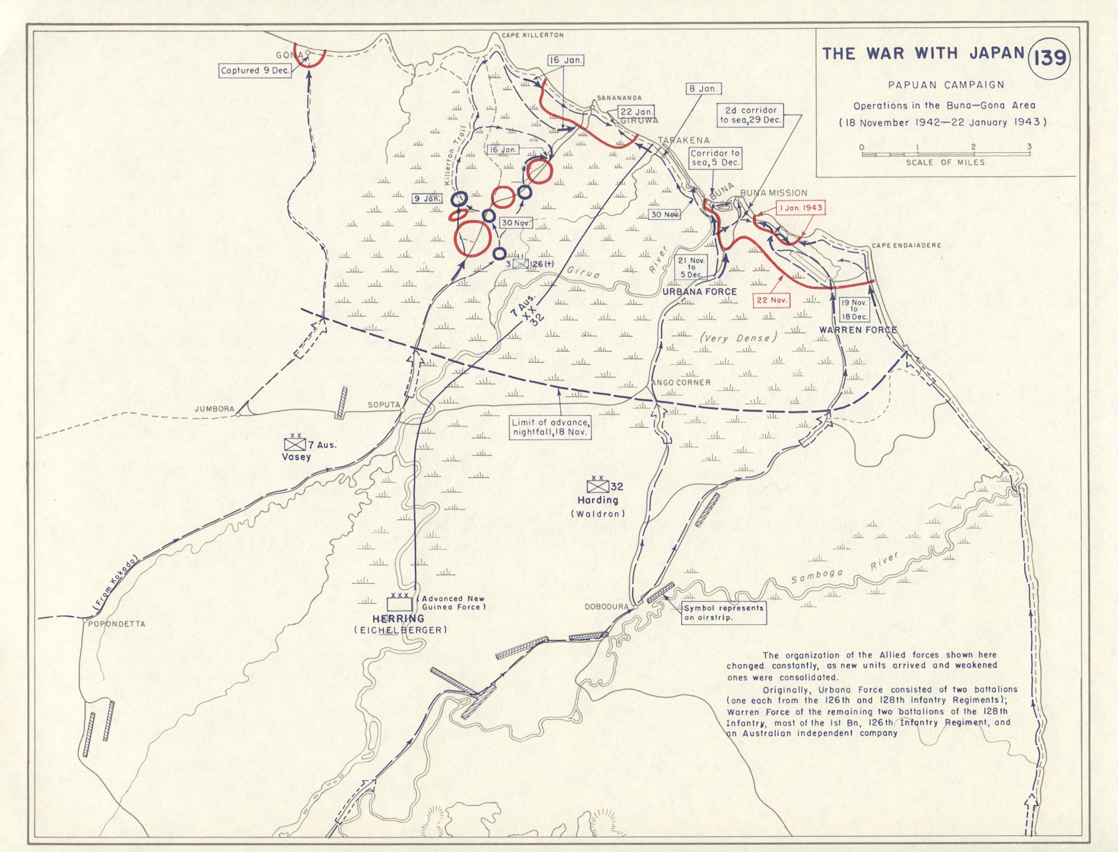 World War 2. Papuan Campaign. Nov 1942-Jan 1943 Buna-Gona Operations 1959 map