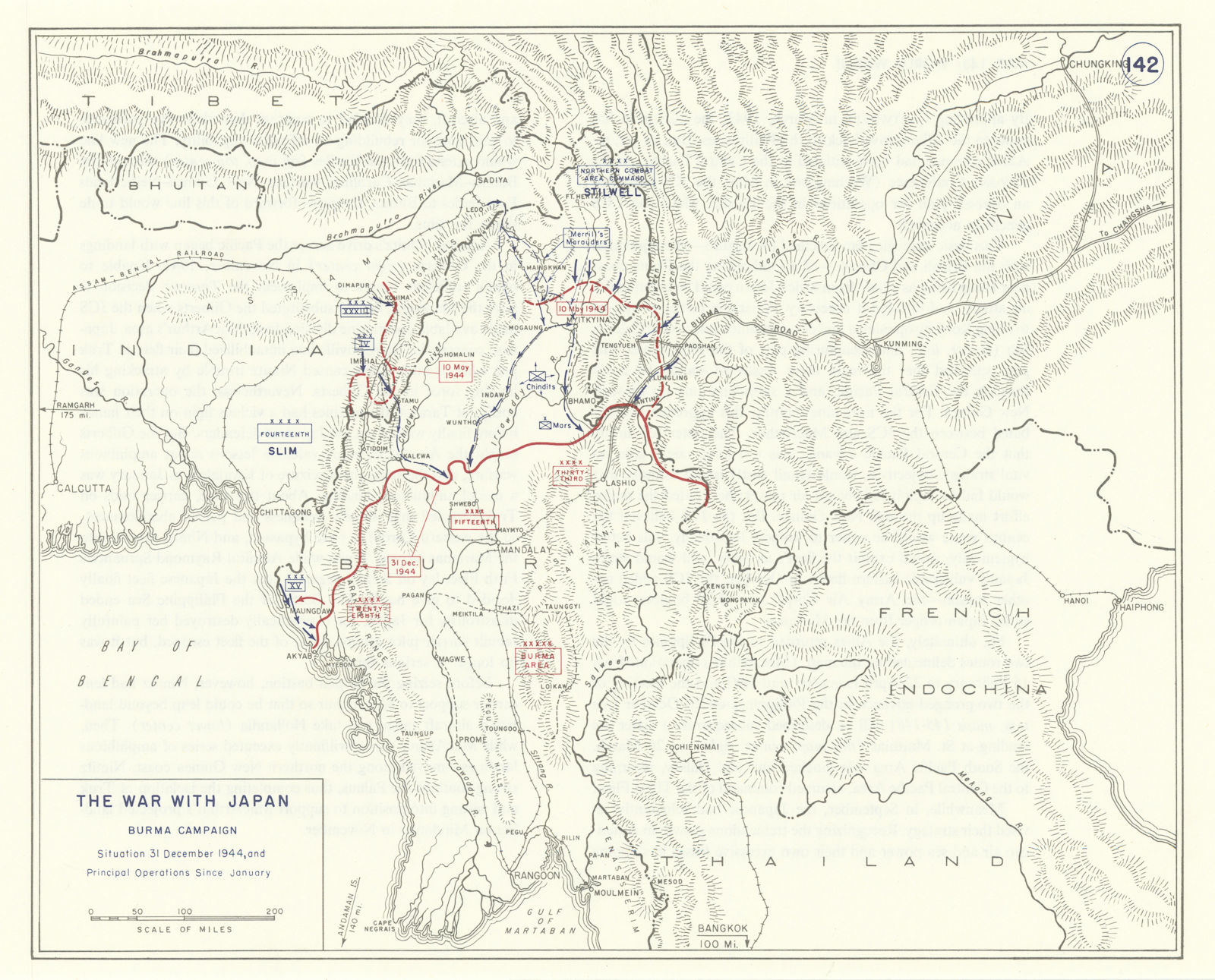 World War 2. Burma Campaign 1944 main operations. 31 December situation 1959 map