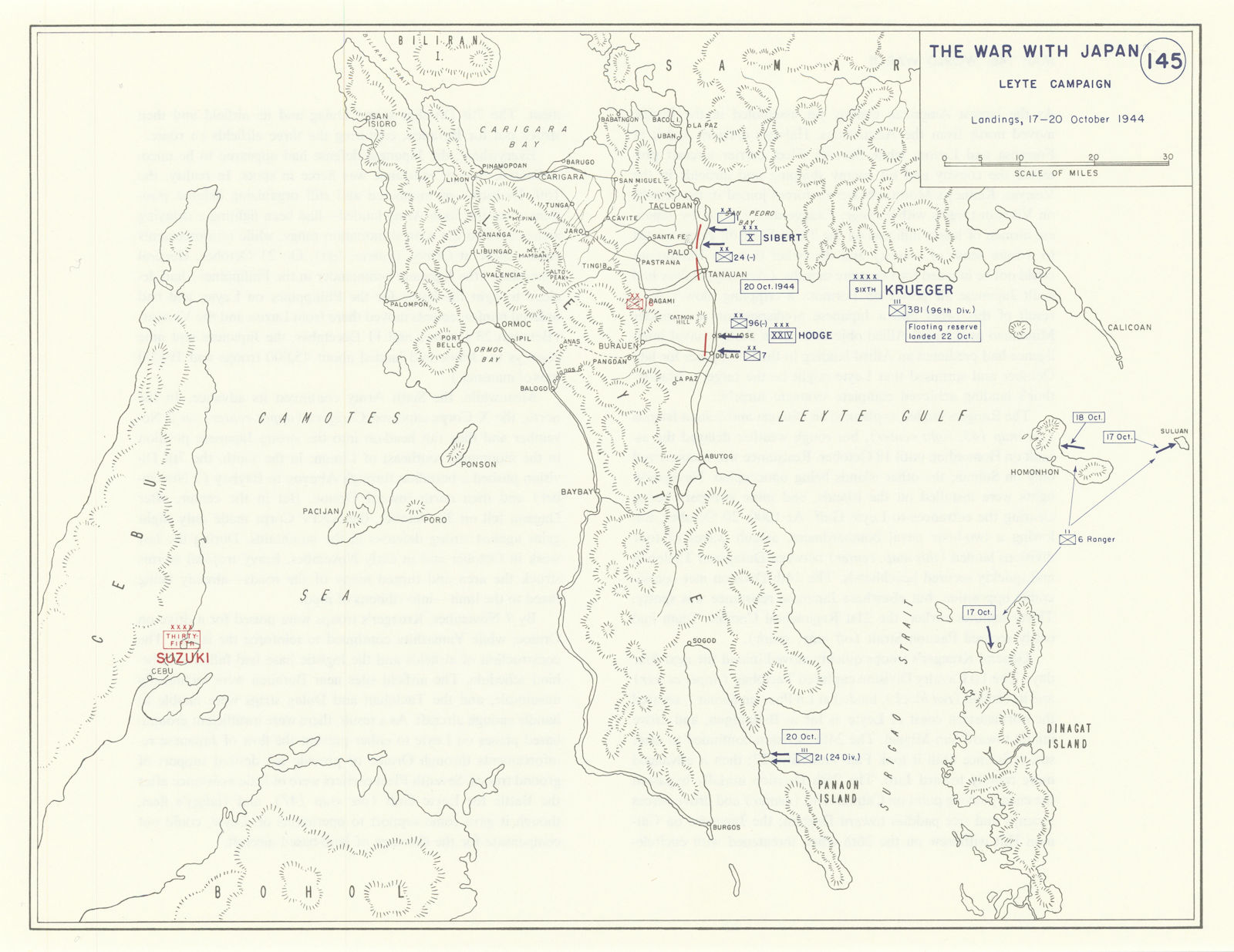World War 2. Leyte Campaign. 17-20 October 1944 landings 1959 old vintage map