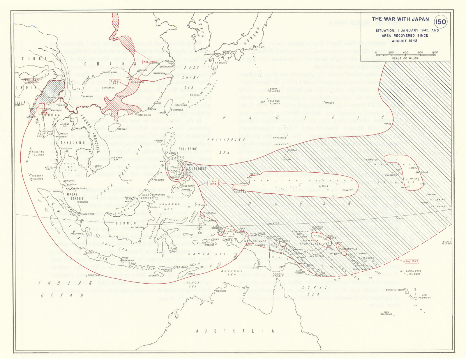 Associate Product World War 2. East Asia Pacific Theatre Aug 1942-Jan 1945 area recovered 1959 map