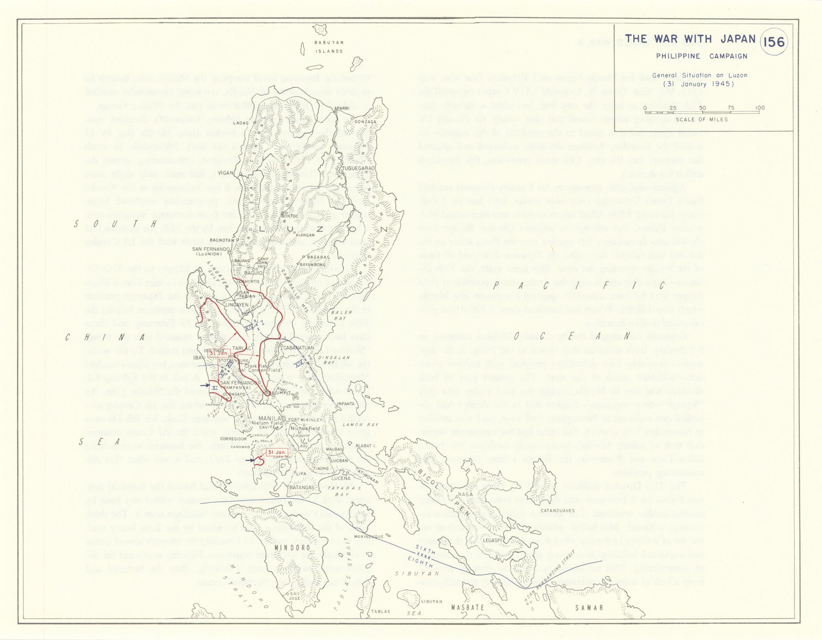 World War 2. Philippine Campaign. 31 January 1945 Luzon situation 1959 old map