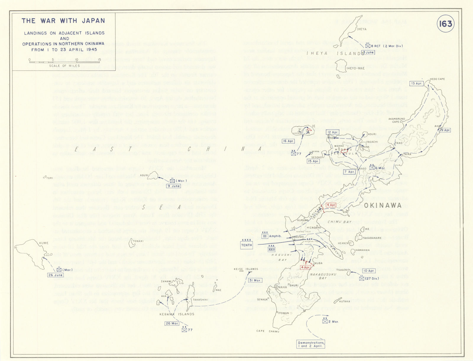 World War 2. Japan. 1-23 April 1945 Okinawa & adjacent islands landings 1959 map