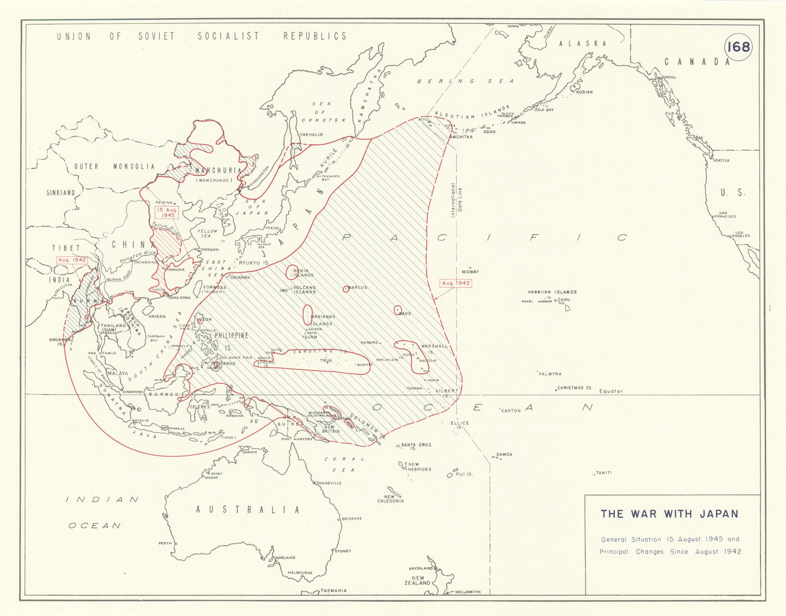 Associate Product World War 2. Pacific/Japan. 15 August 1945 & changes since August 1942. 1959 map