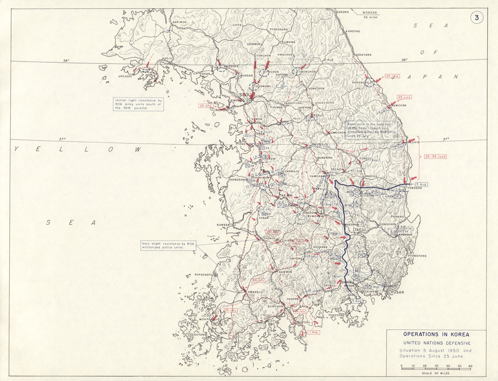 Korean War. 25 June - 5 August 1950. United Nations defensive 1959 old map
