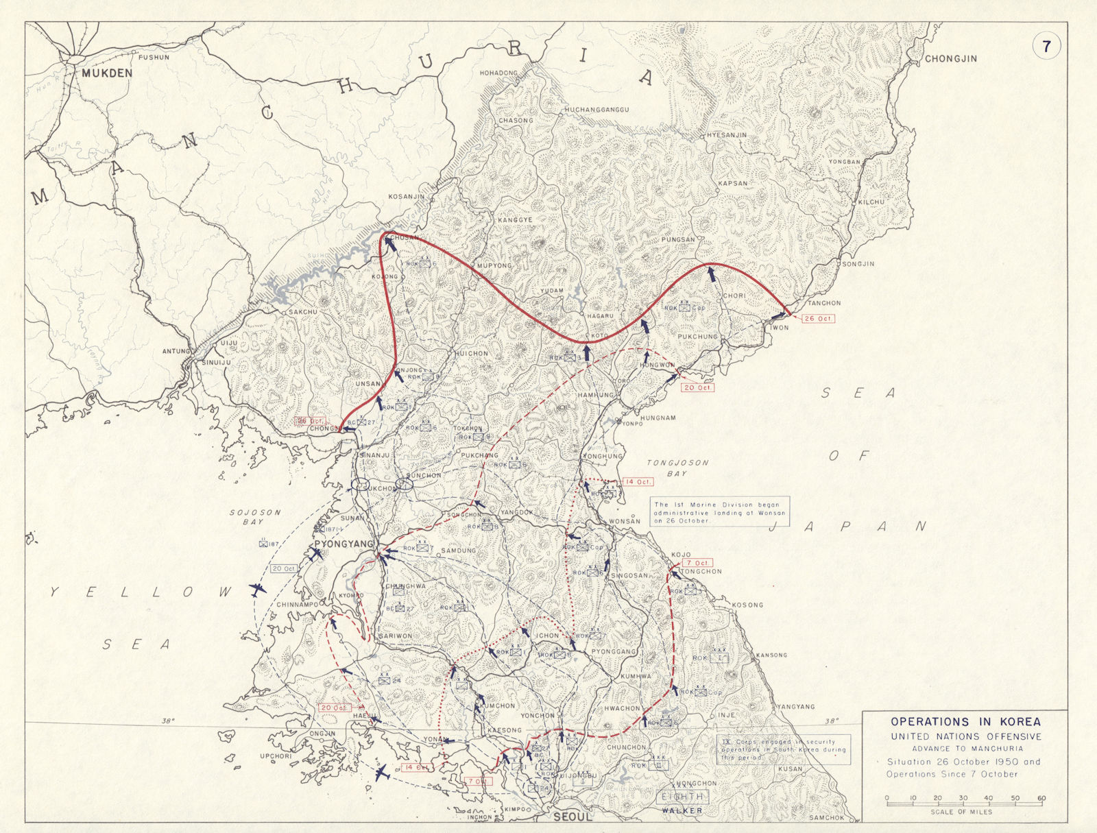 Korean War. UN Offensive 7-26 October 1950. Advance to Manchuria 1959 old map