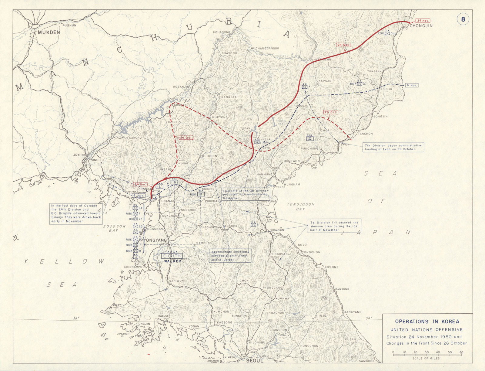 Korean War. 26 October-24 November 1950. United Nations Offensive 1959 old map