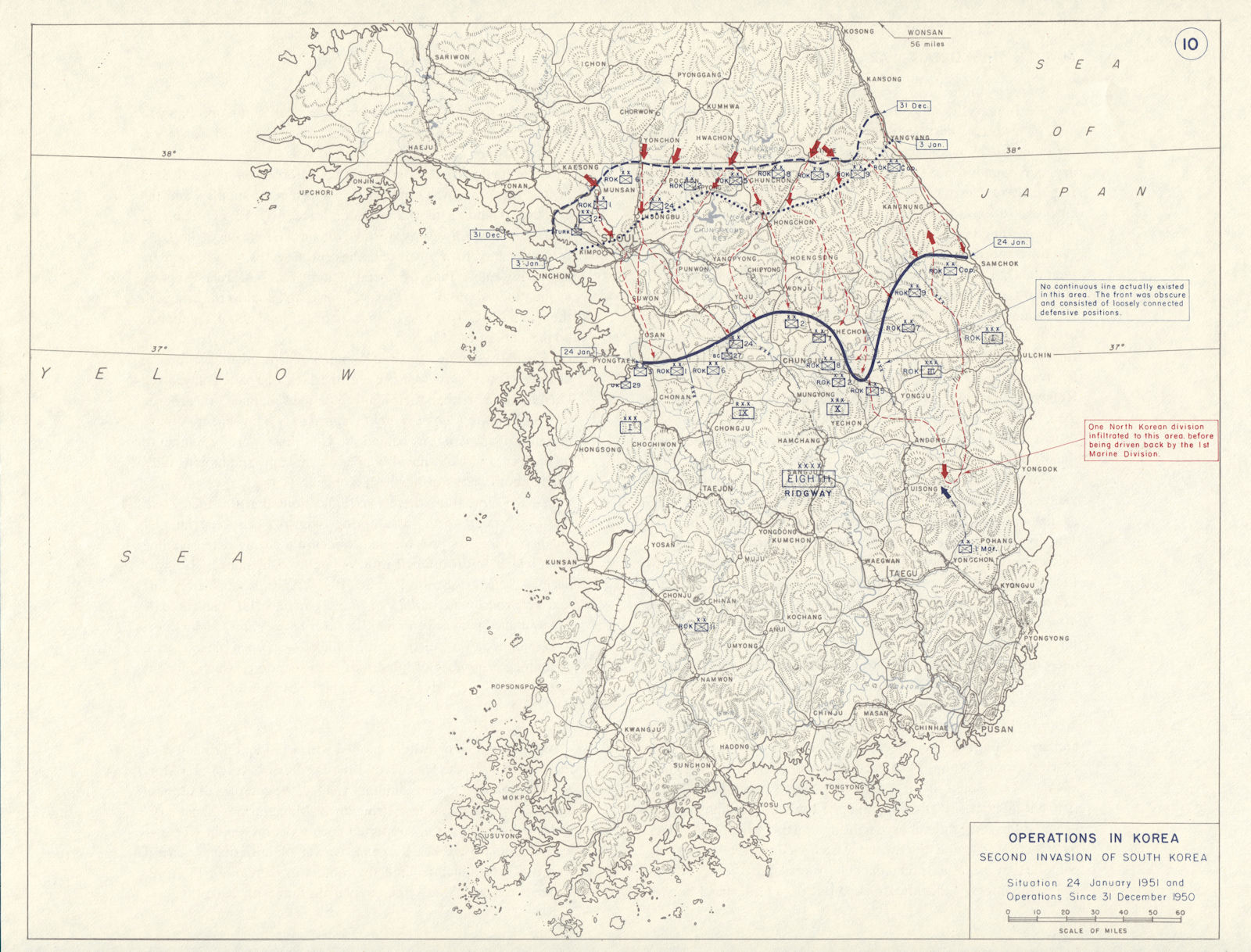 Korean War. 1-24 January 1951. Second Invasion of South Korea 1959 old map