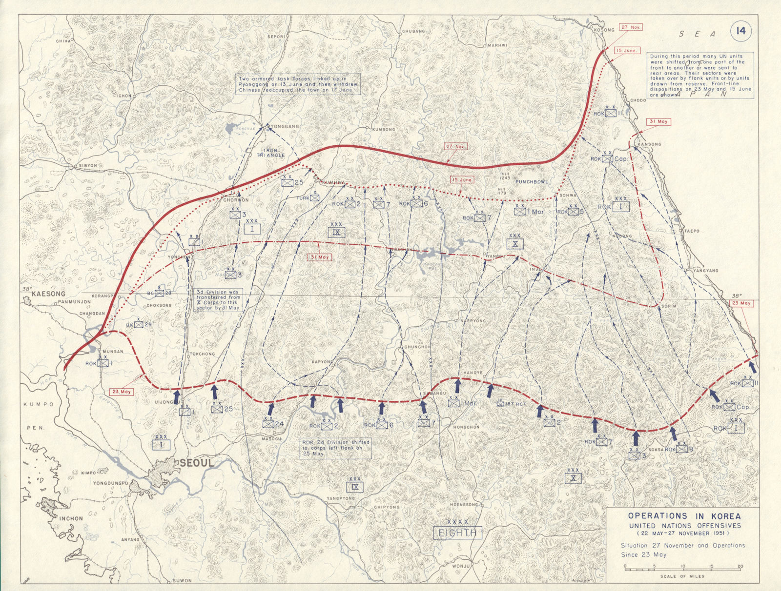 Korean War. 22 May-27 November 1951. United Nations Offensives 1959 old map
