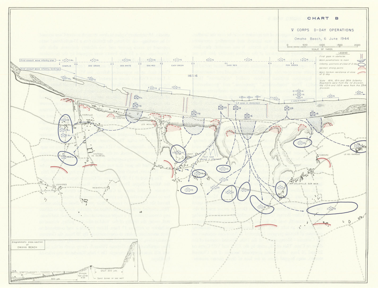 Associate Product World War 2. V Corps D-Day Operations, 6 June 1944. Omaha Beach 1959 old map