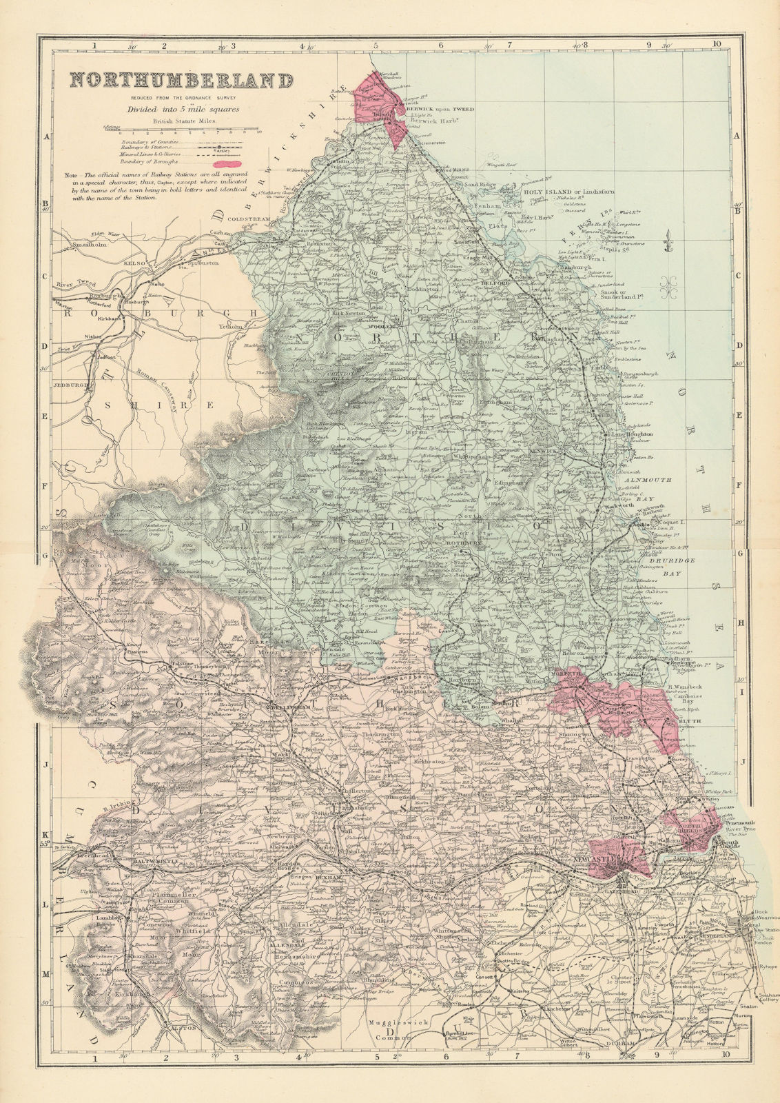 NORTHUMBERLAND. Antique county map by GW BACON 1884 old plan chart