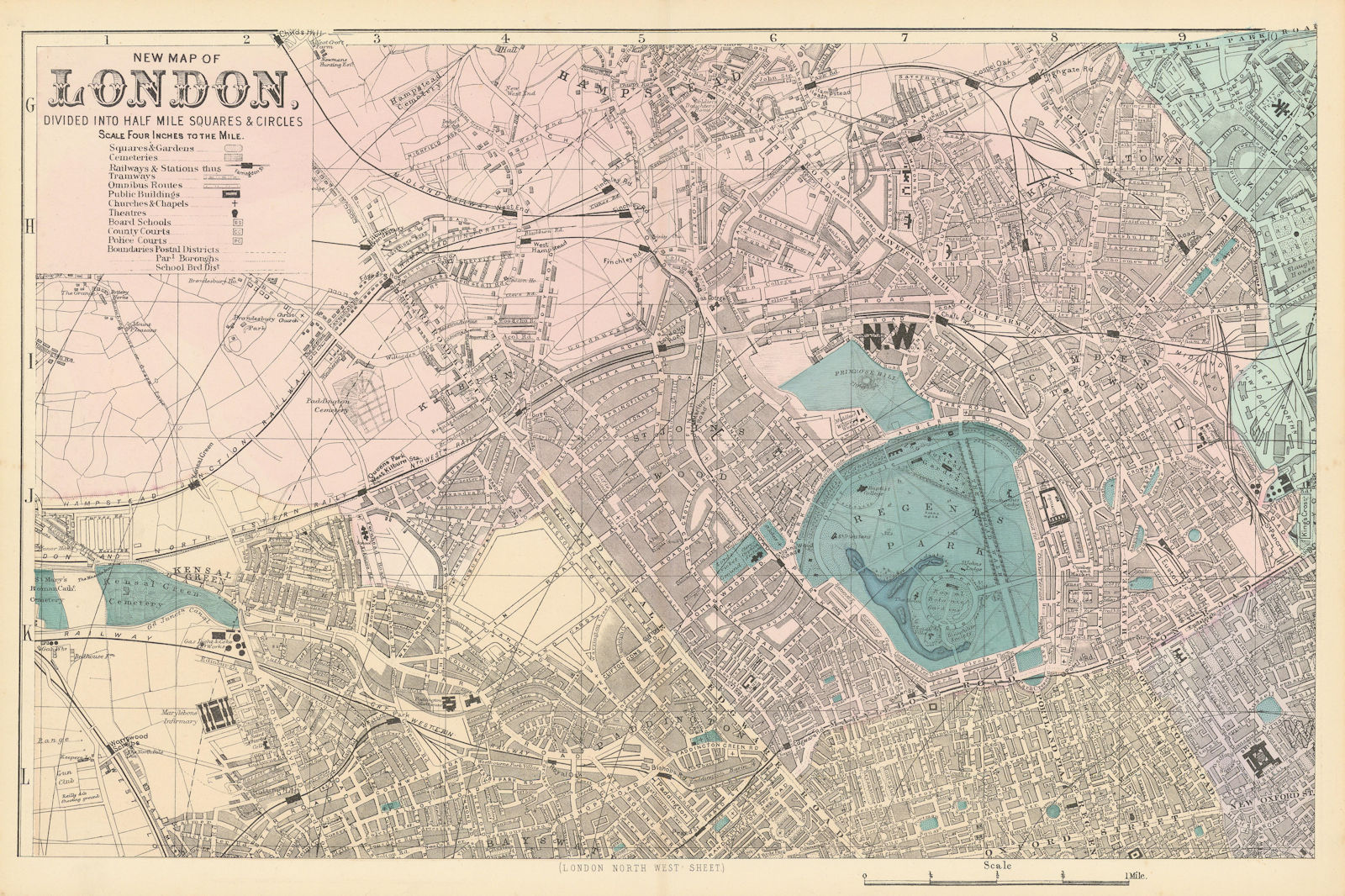 LONDON North West. St John's Wood Marylebone Camden. Town plan. BACON 1884 map