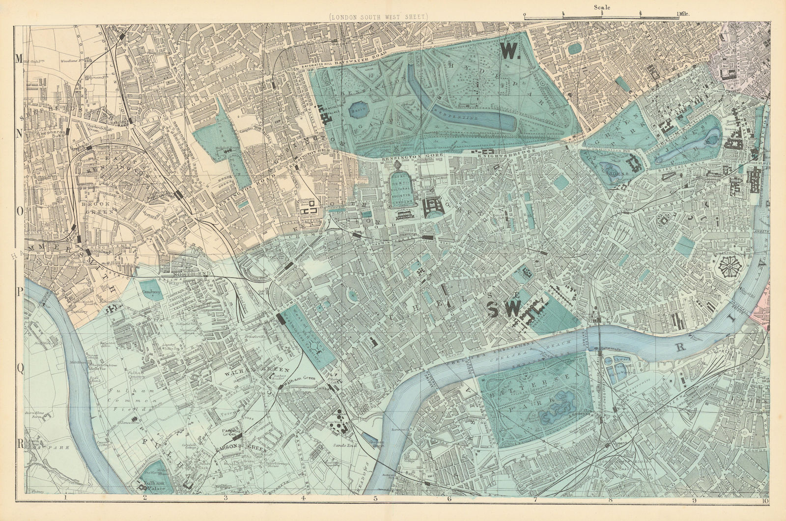 Associate Product LONDON South West.Kensington Chelsea Fulham Battersea.Town plan.BACON 1884 map