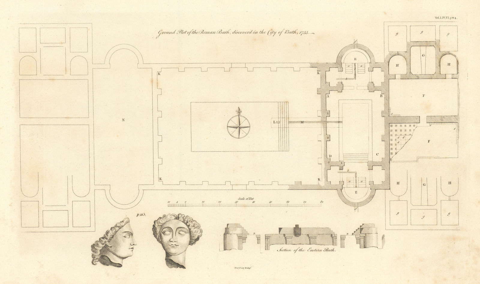 Ground plot of the Roman Bath discover'd in the City of Bath 1755. CARY 1806 map