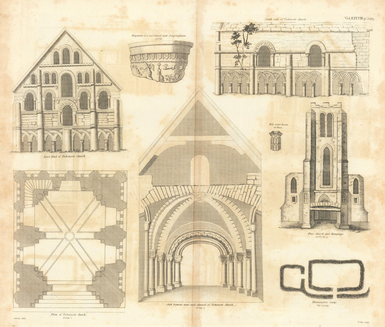 St Peter’s Church, Tickencote, Rutland. & Bury church 1806 old antique print