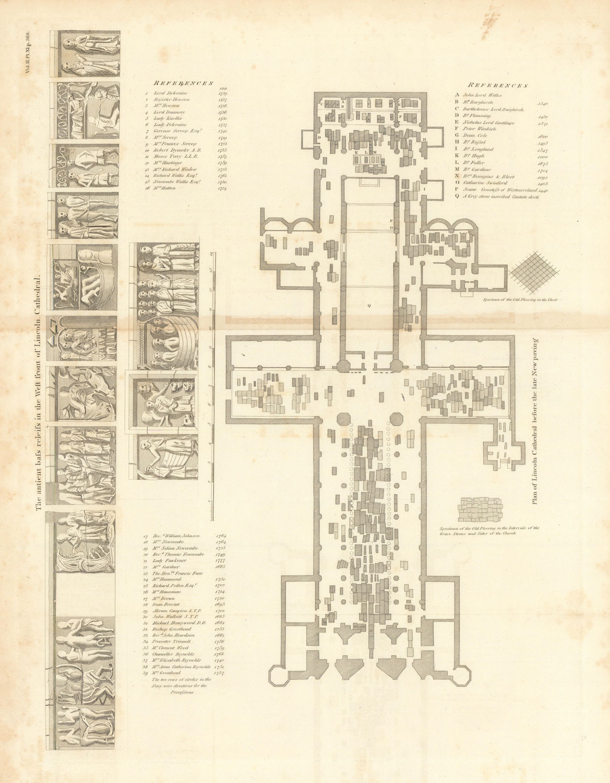 Plan of Lincoln Cathedral before Georgian renovations. Bas reliefs 1806 map
