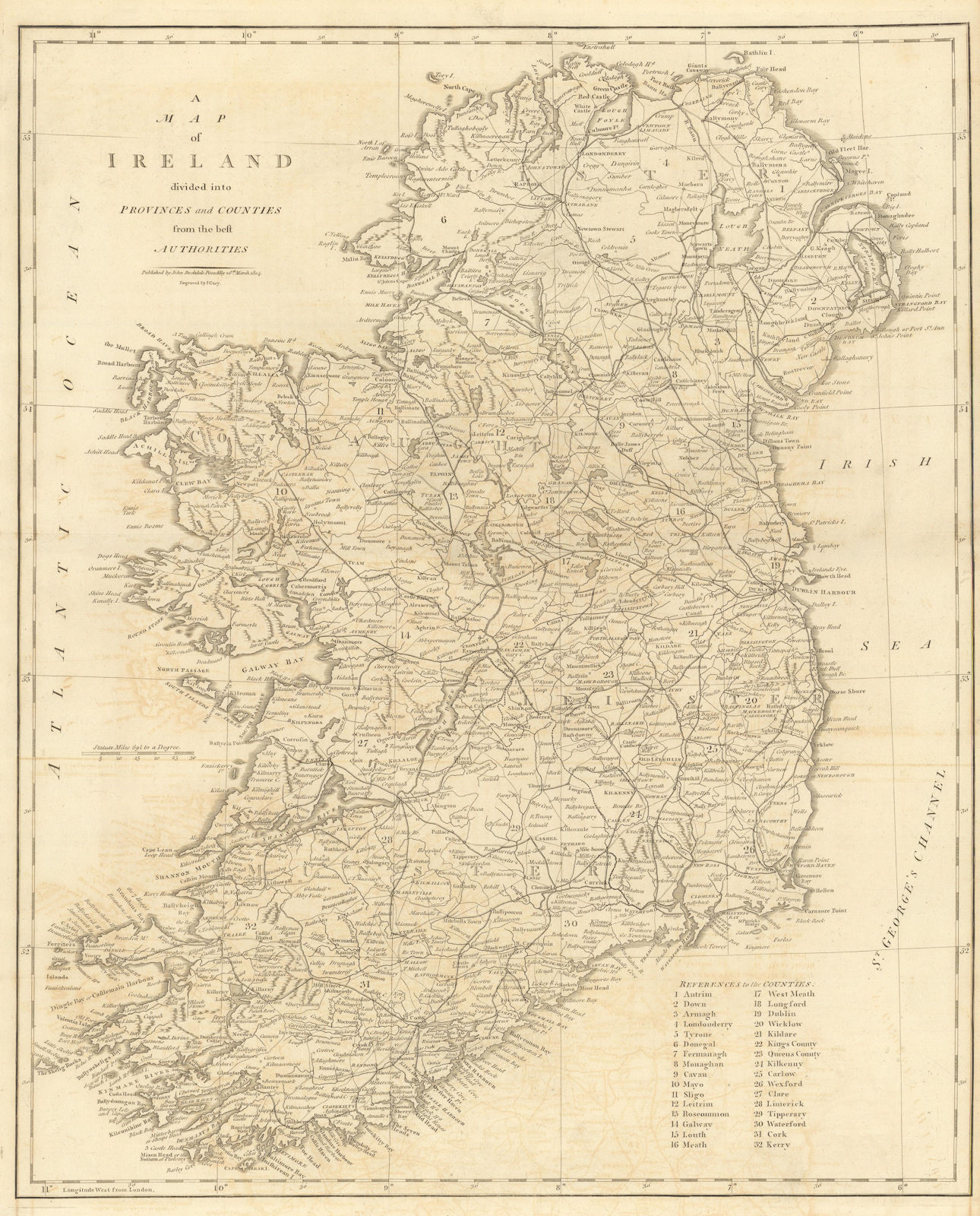 "A map of Ireland divided into provinces and counties…" by John CARY 1806