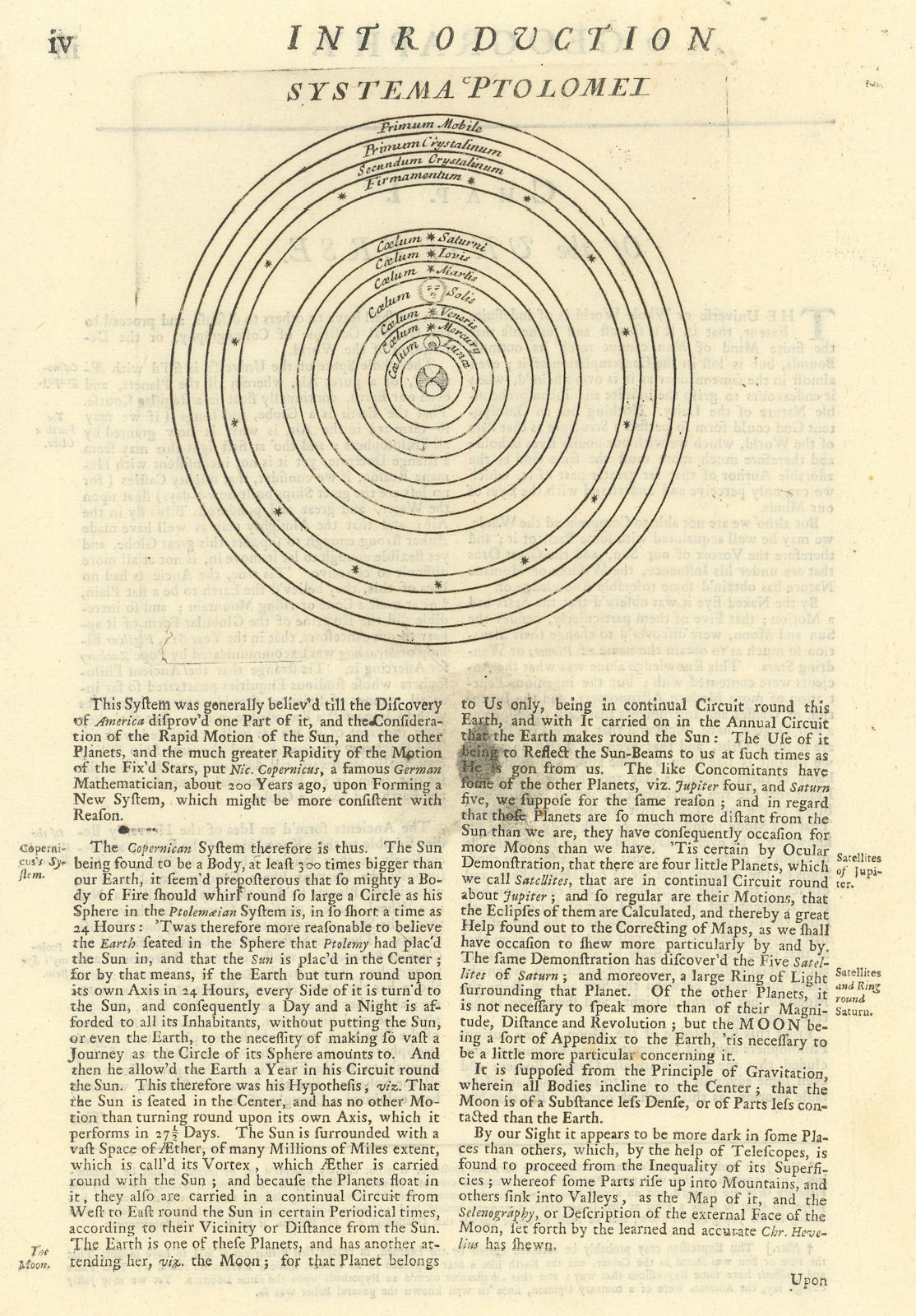 Systema Ptolomei. Geocentric Solar system according to Ptolemy 1709 old print