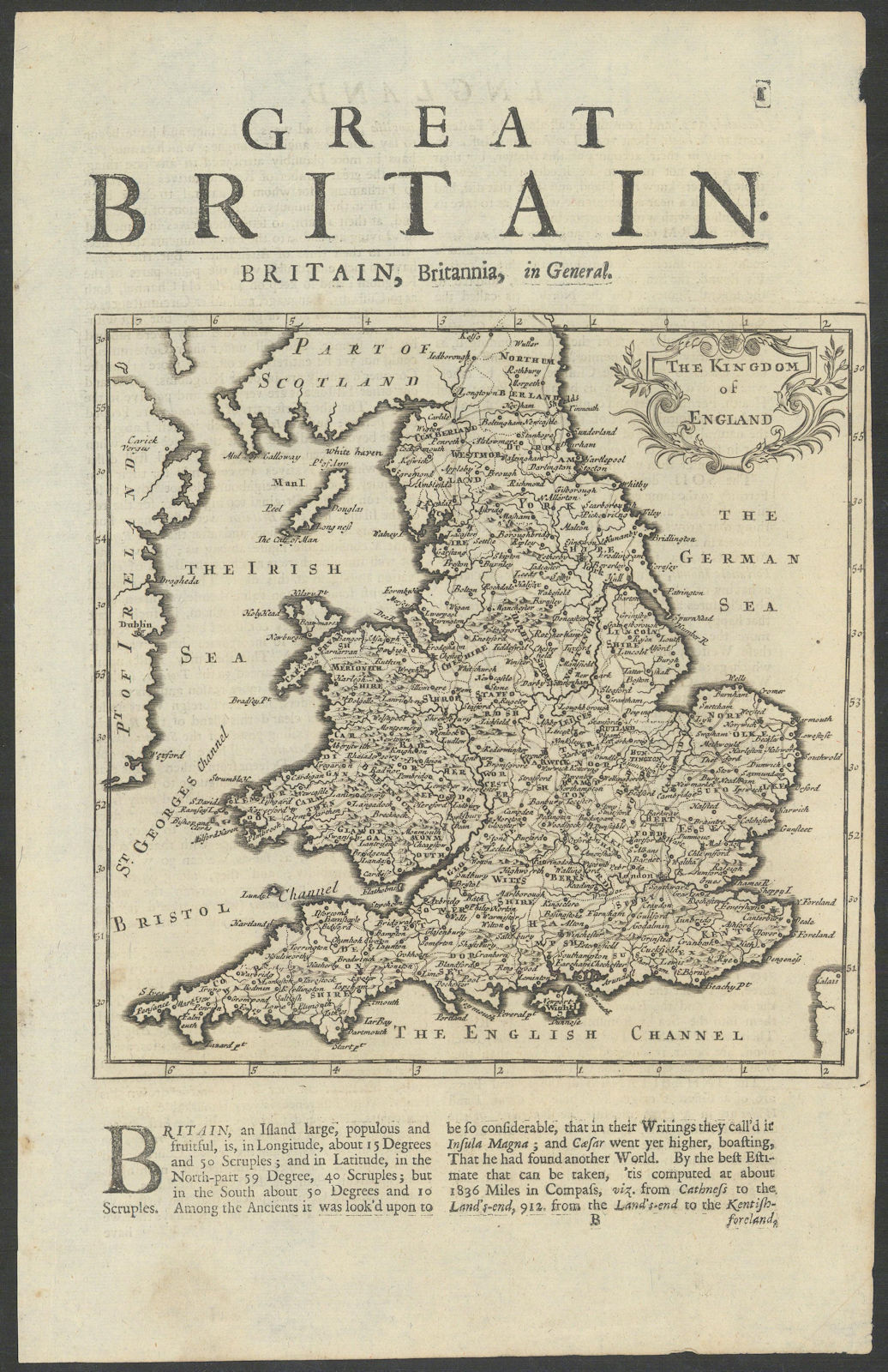 "The Kingdom of England" with Wales by Herman Moll 1709 old antique map chart
