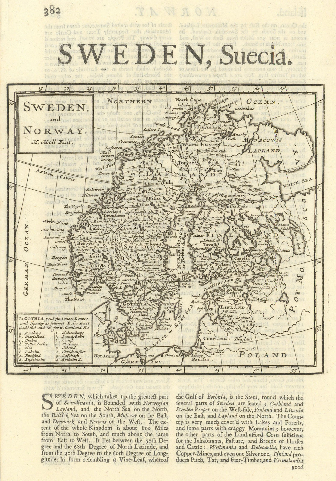 Sweden and Norway by Herman Moll. Scandinavia Finland 1709 old antique map