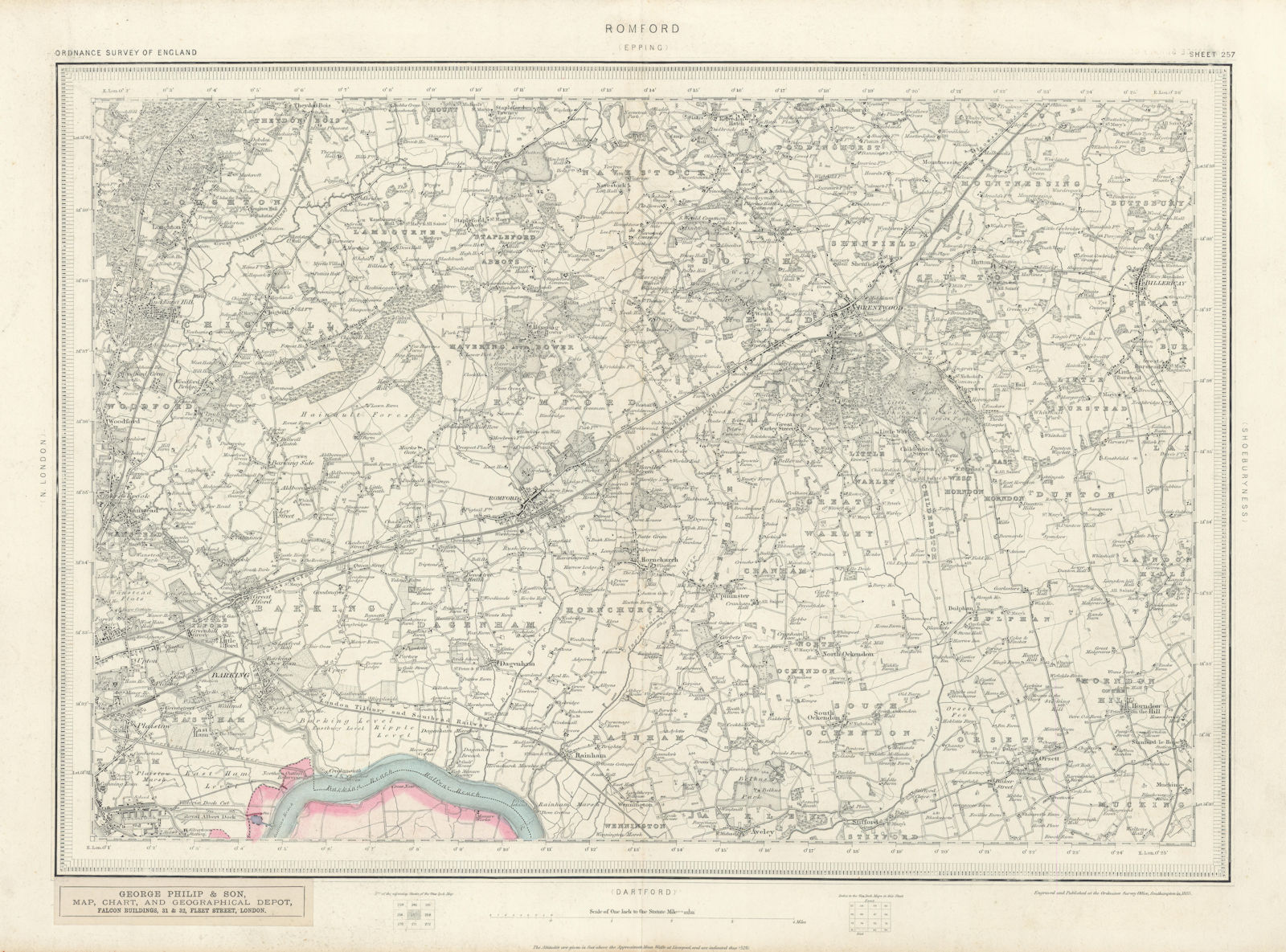 Ordnance Survey Sheet 257 Romford. NE London Essex Brentwood Barking 1883 map