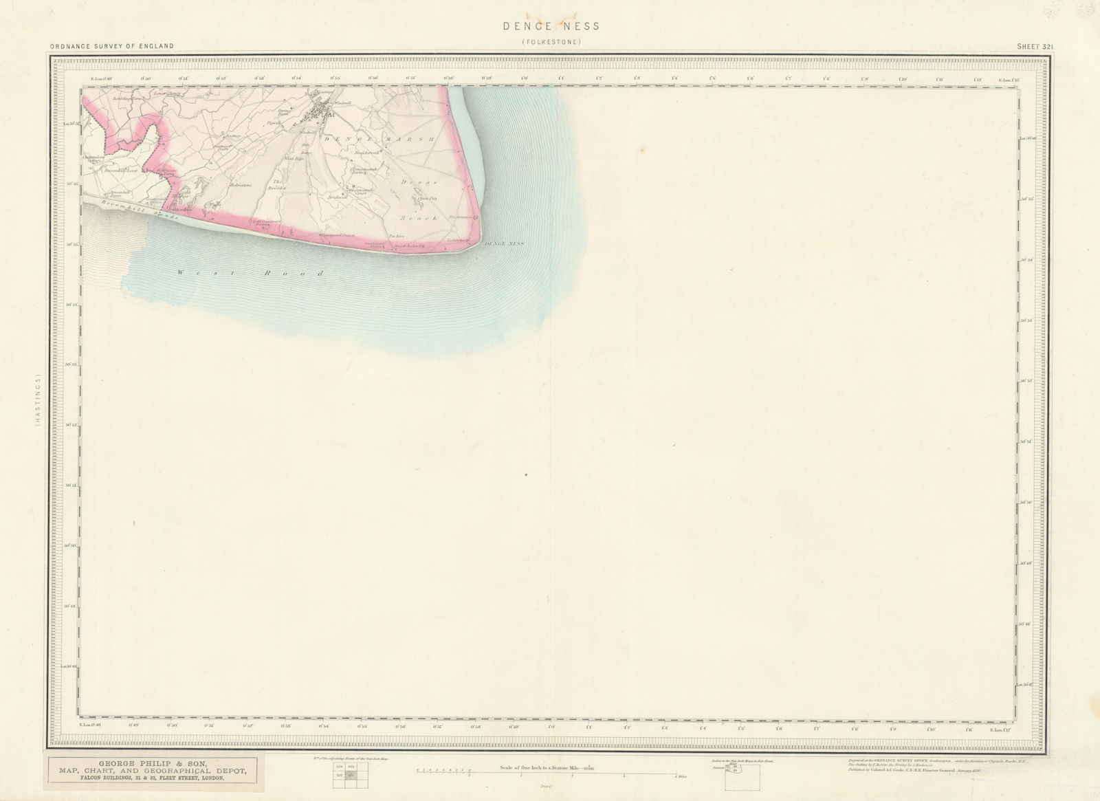 Ordnance Survey Sheet 321 "Denge Ness". Dungeness Lydd Kent 1880 old map
