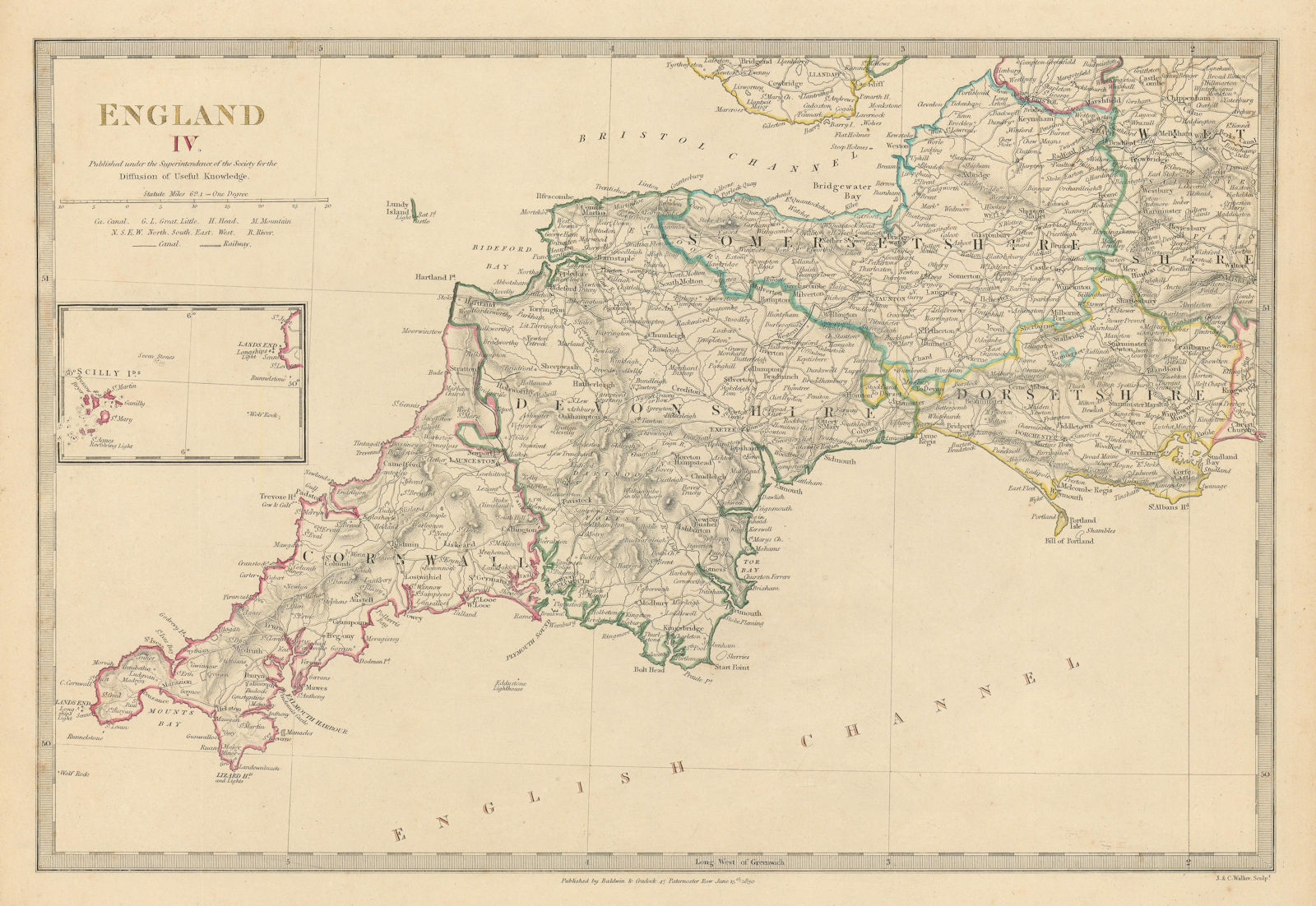 ENGLAND SOUTH WEST. Cornwall Devon Somerset Dorset Scilly Isles. SDUK 1844 map