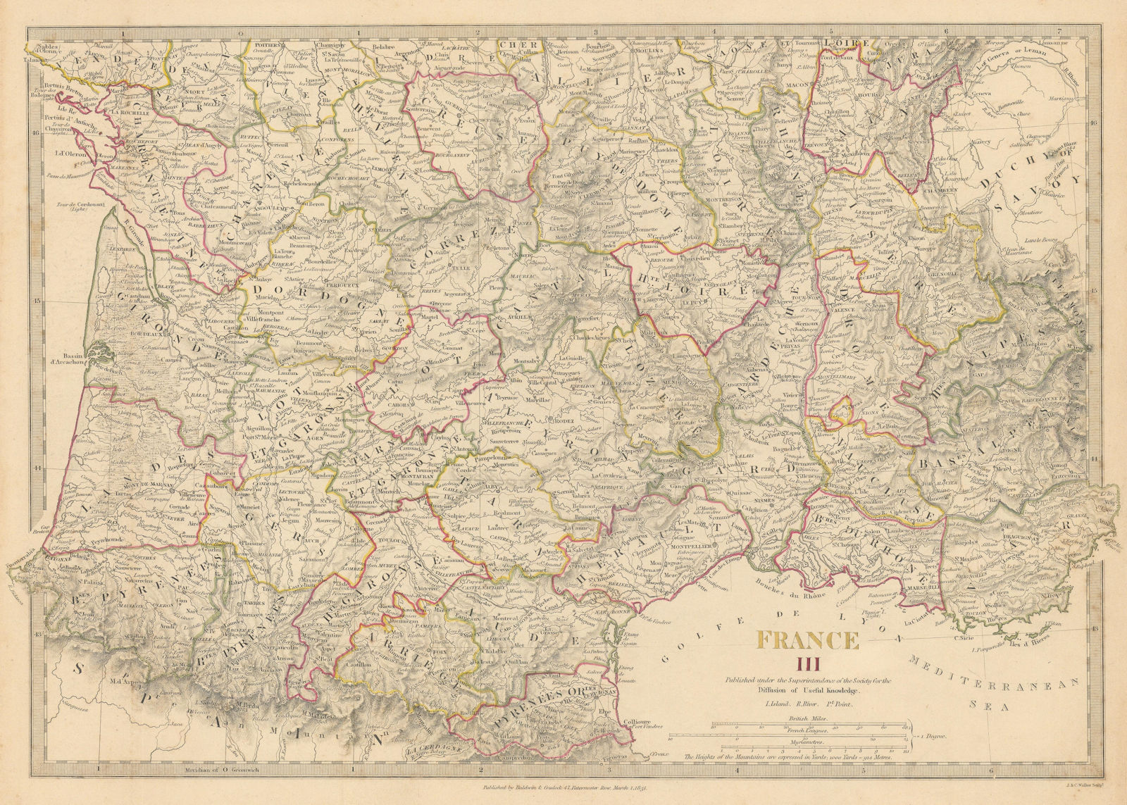 FRANCE STH.Aquitaine Pyrénées Provence Languedoc Rhône Auvergne.SDUK 1844 map