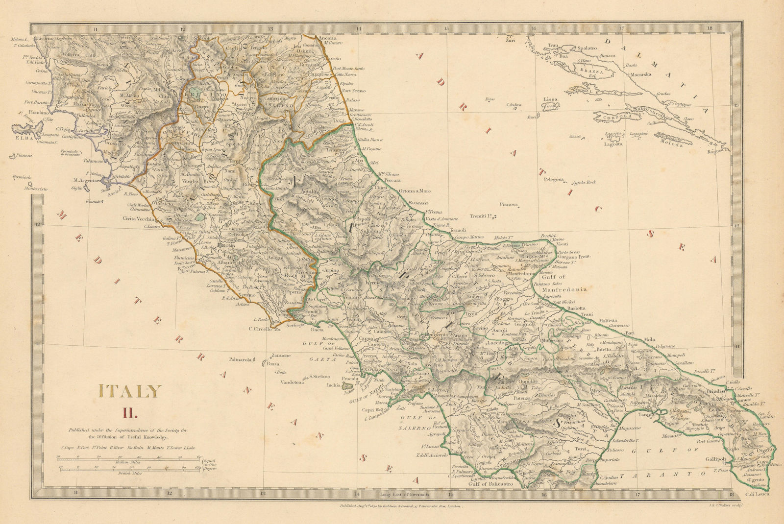 ITALY SOUTH.Naples Stato Pontifico Toscana.Original  hand colour.SDUK 1844 map