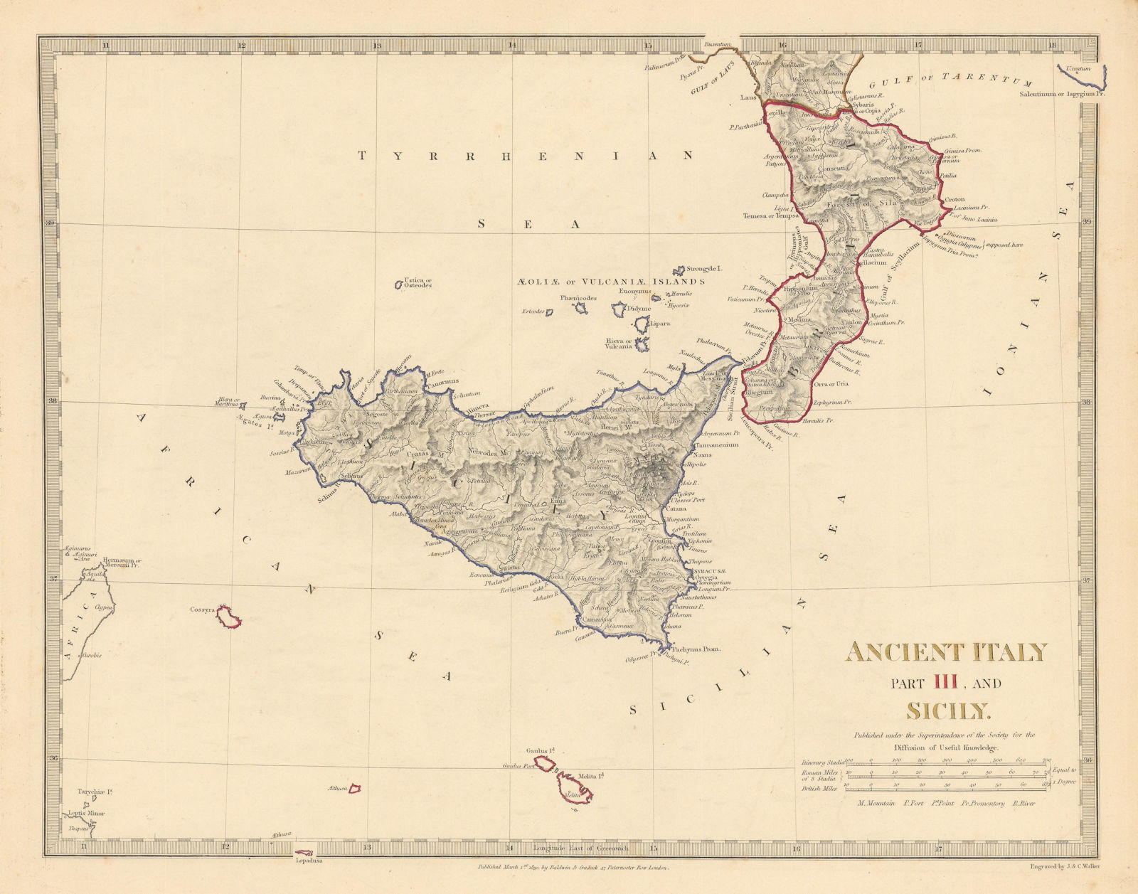 ANCIENT ITALY SOUTH.Sicily Brutii Melita (Malta).Original colour.SDUK 1844 map