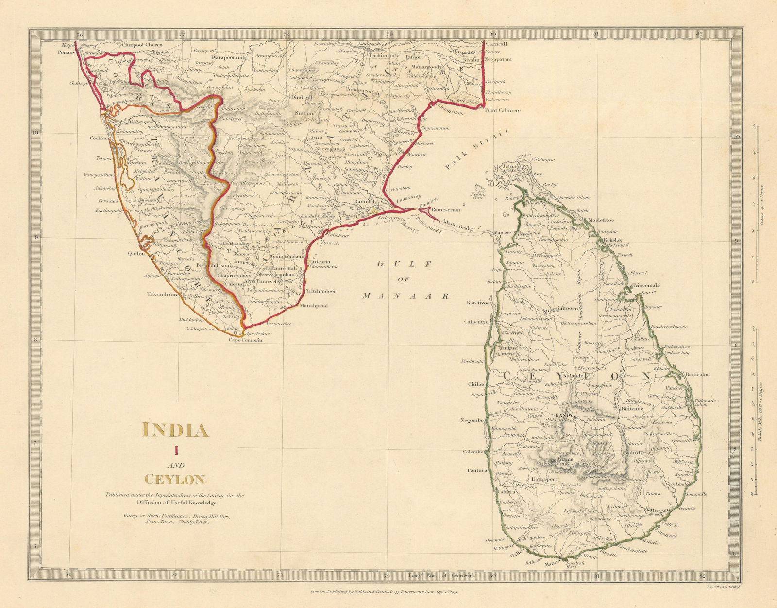 Associate Product SOUTH INDIA & CEYLON (SRI LANKA) . Carnatic Travancore Kochi. SDUK 1844 map
