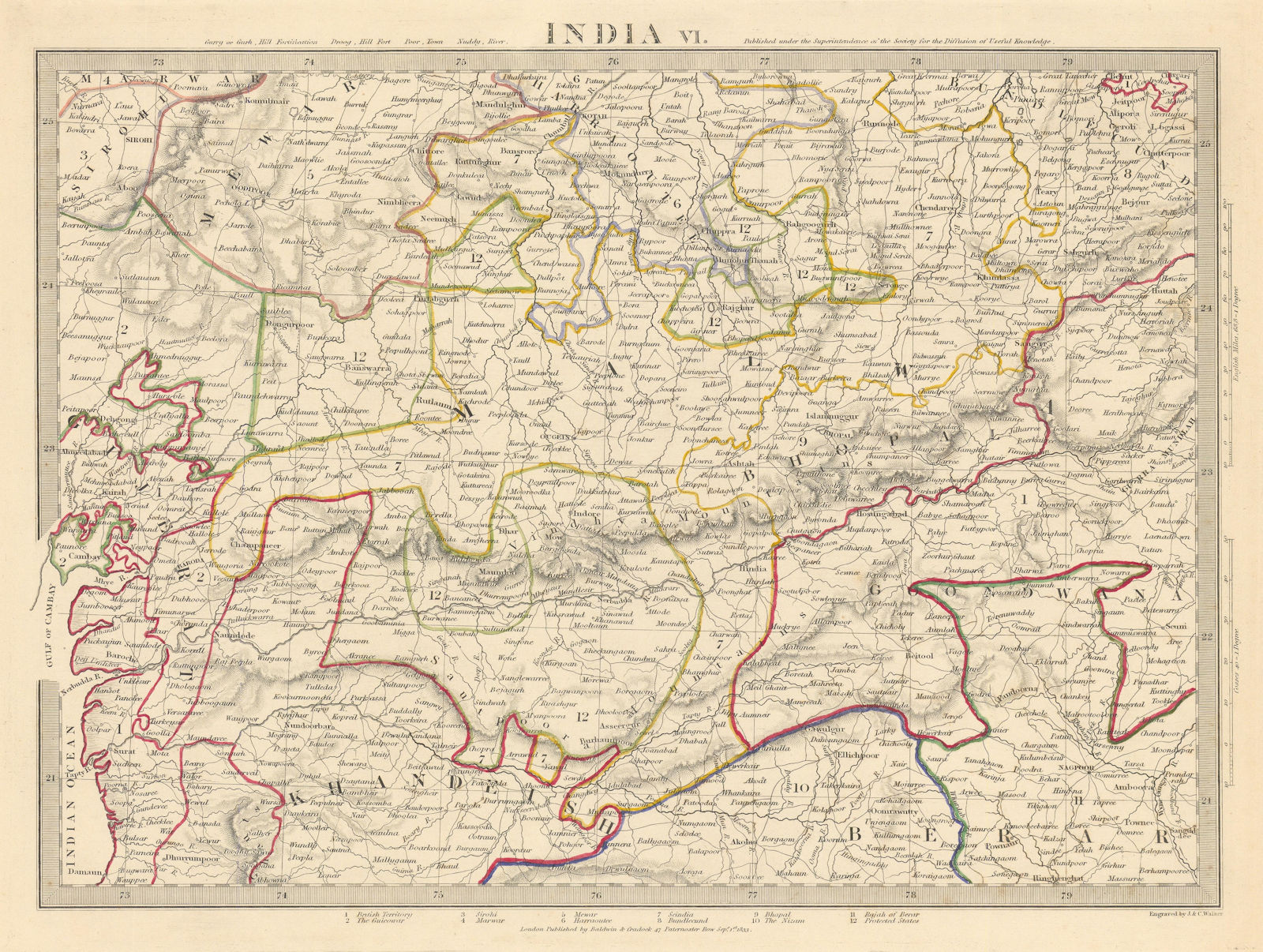 INDIA.Bundelkhand to Khandeish Berar.Gujerat. Goondwana Bhopal.SDUK 1844 map