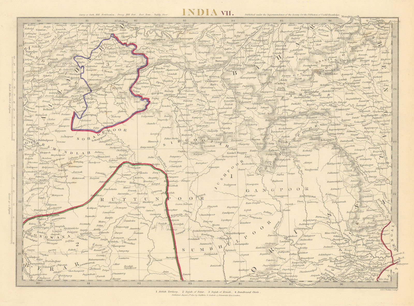 Associate Product INDIA.Allahabad to Bay of Bengal.Bahar. Berar Orissa Ruttunpoor.SDUK 1844 map