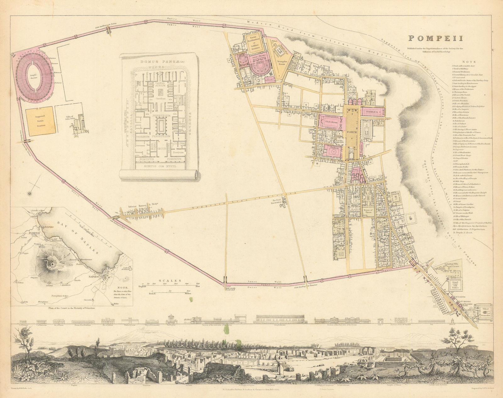 POMPEII. Antique town city map & panorama. Domus Pansae;Bay of Naples.SDUK 1844