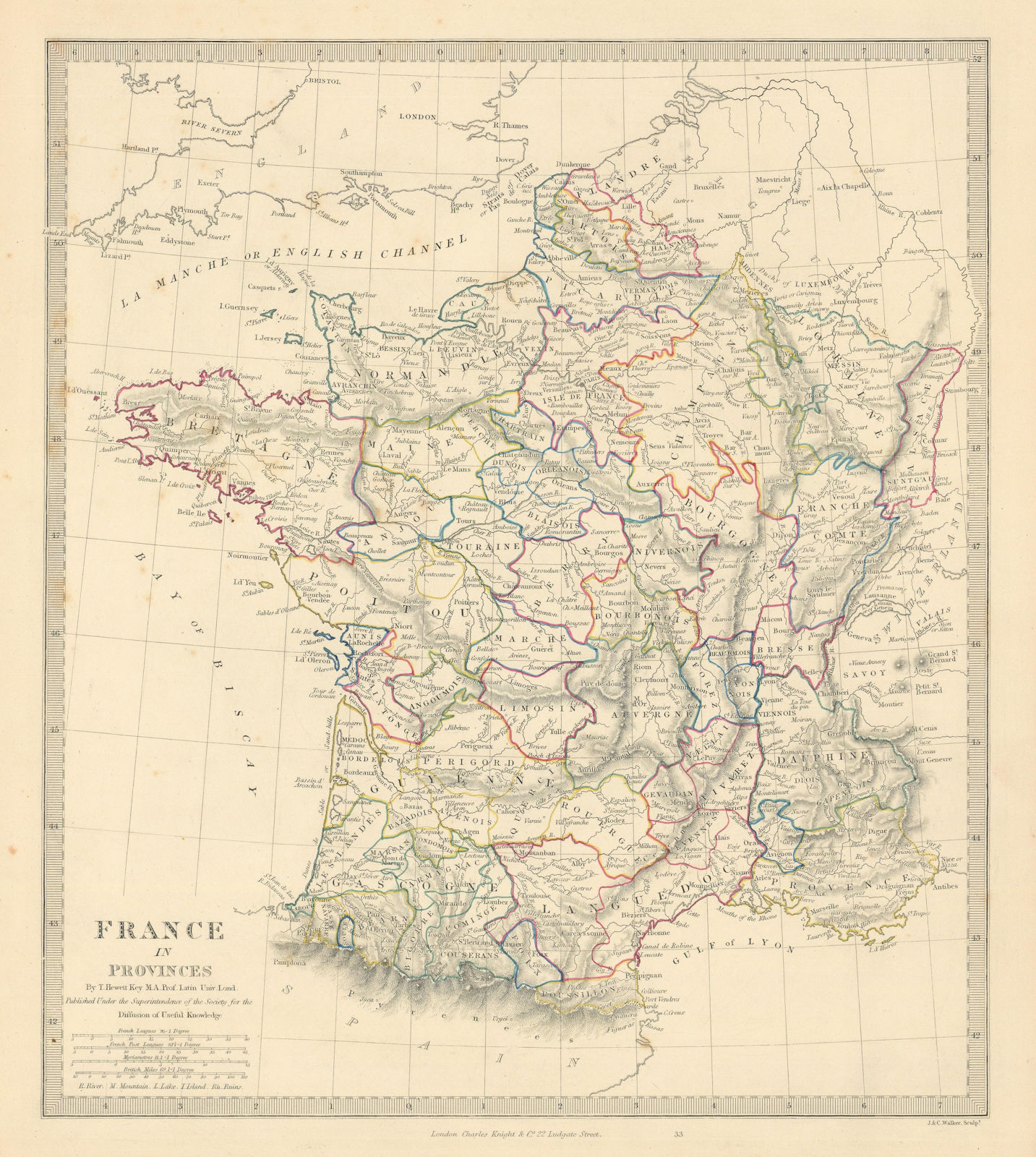 FRANCE IN PROVINCES. Shows provinces <1790. Original hand colour. SDUK 1845 map
