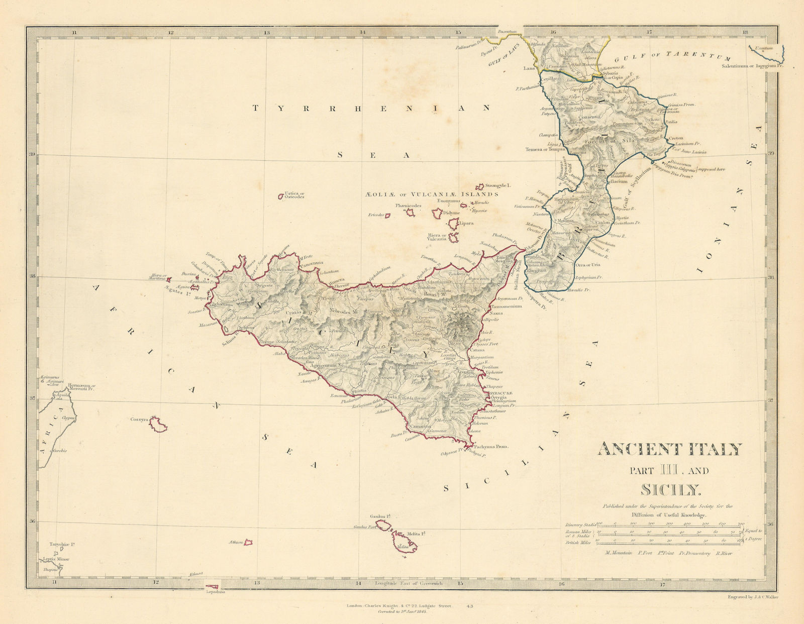 ANCIENT ITALY SOUTH. Sicily Brutii Melita Malta. Original colour. SDUK 1845 map