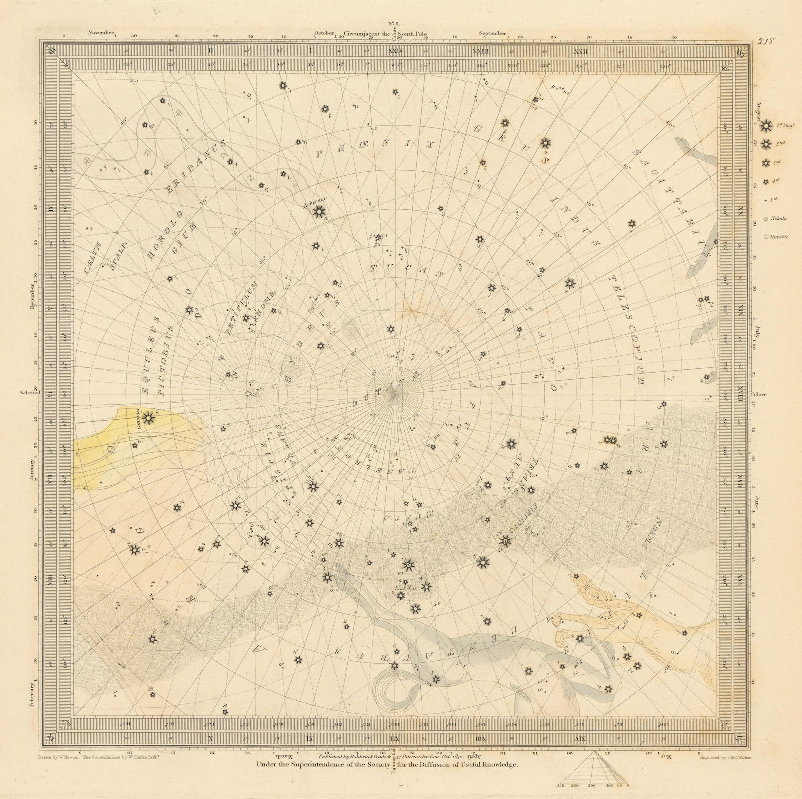 ASTRONOMY CELESTIAL Star map chart 6 South Pole. SDUK 1847 old antique