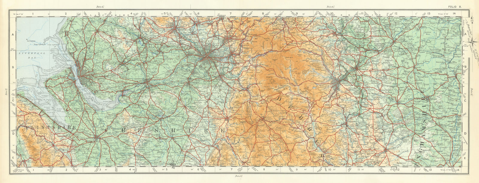North-west England. Peak District Merseyside Manchester ORDNANCE SURVEY 1922 map