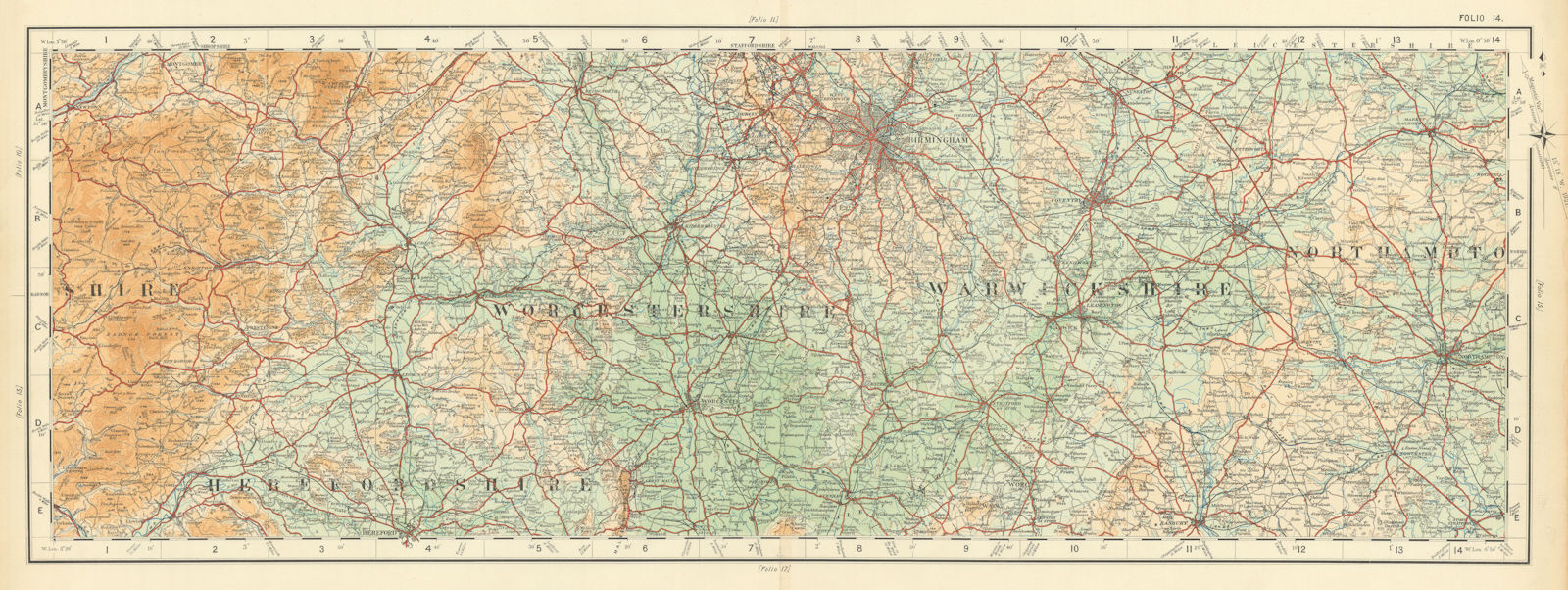 West Midlands Shropshire Hills Birmingham Northampton ORDNANCE SURVEY 1922 map